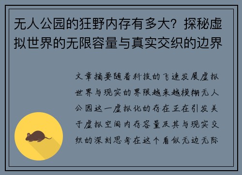 无人公园的狂野内存有多大？探秘虚拟世界的无限容量与真实交织的边界