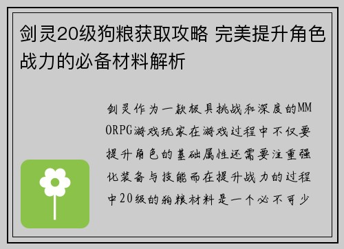 剑灵20级狗粮获取攻略 完美提升角色战力的必备材料解析